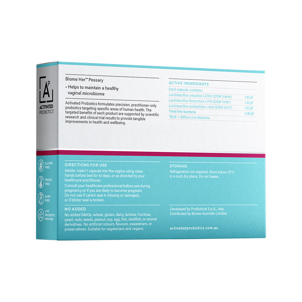 image of ACTIVATED PROBIOTICS BIOME HER PESSARY X 10 VAGINAL CAPSULES on white background 