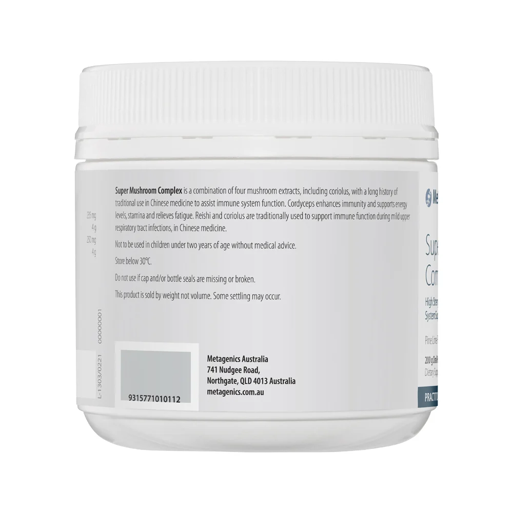 image of Metagenics Super Mushroom Complex Pine Lime Oral Powder 200g on whit background  