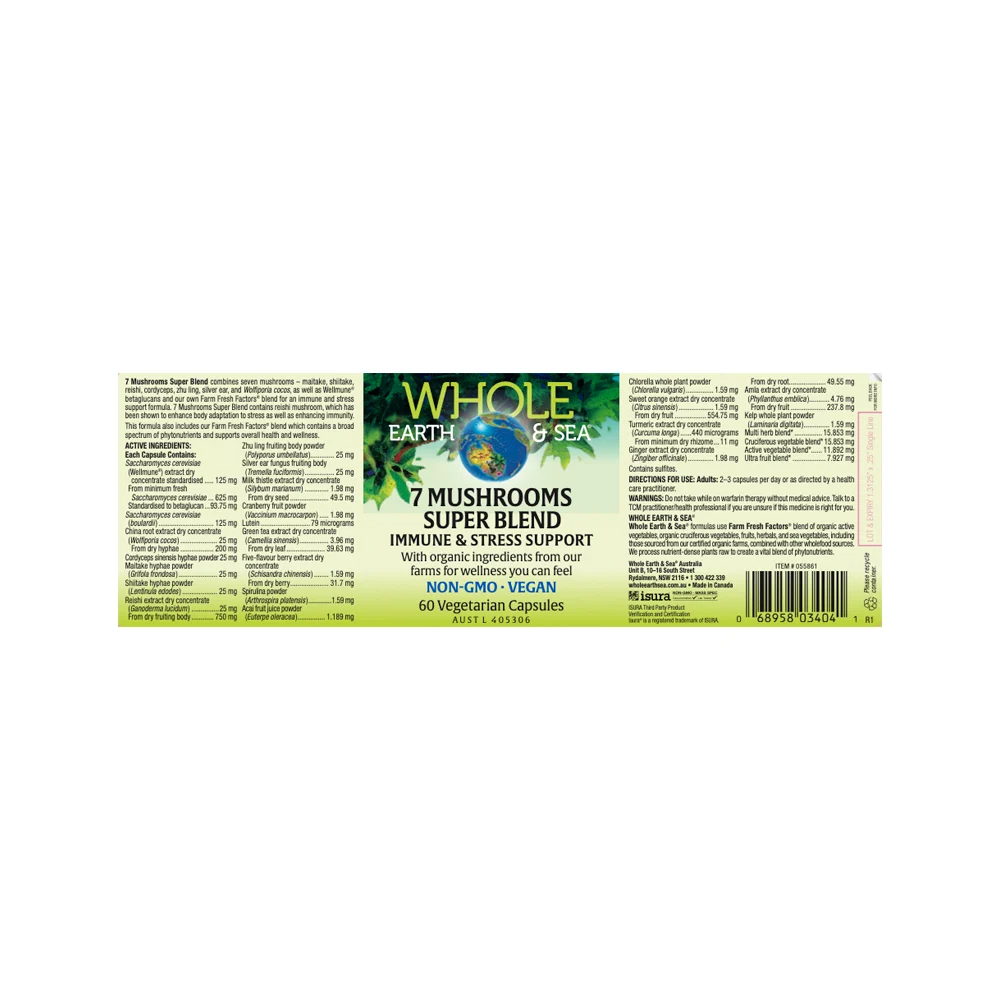 image of Whole Earth & Sea 7 Mushroom Super Blend 60c on white background 