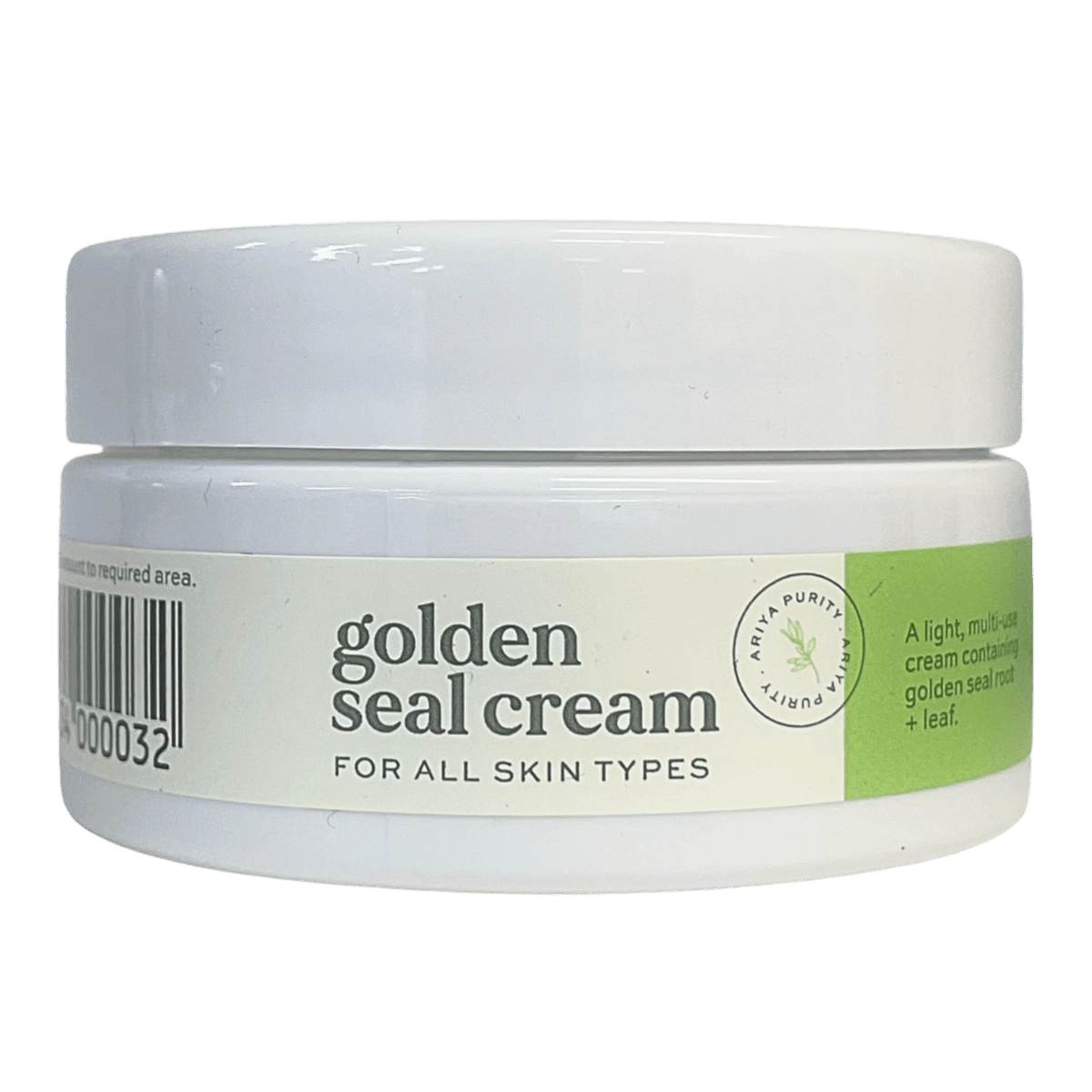 Jar of golden seal cream with a white lid on a white background