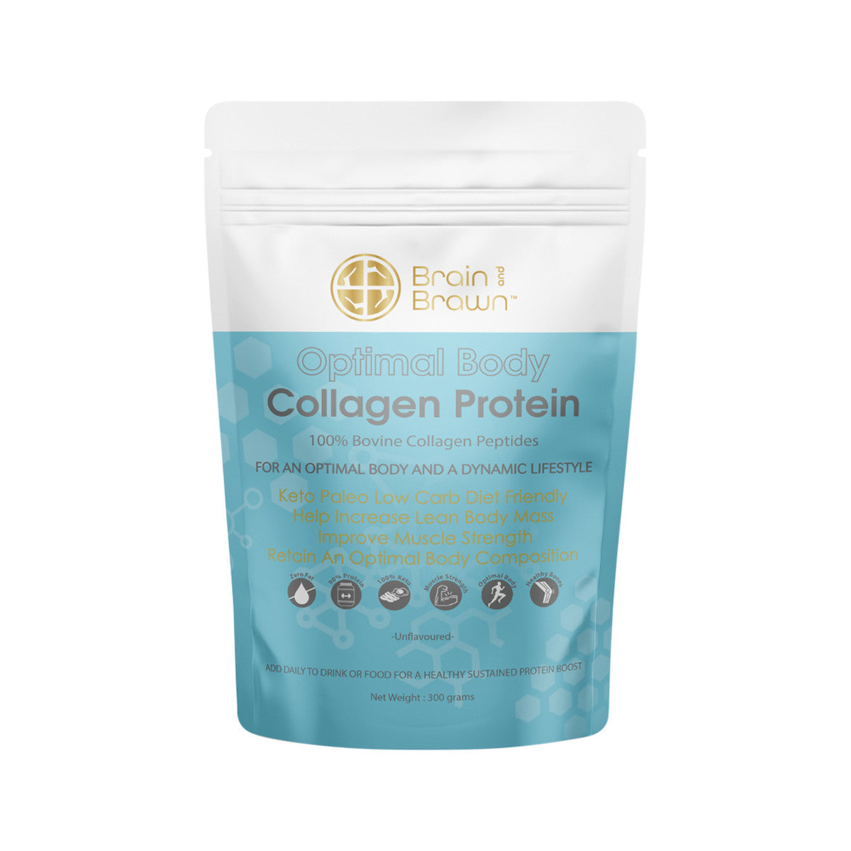 image of Brain and Brawn Optimal Body Collagen Protein (100% Bovine Collagen Peptides) Unflavoured 300g on white background