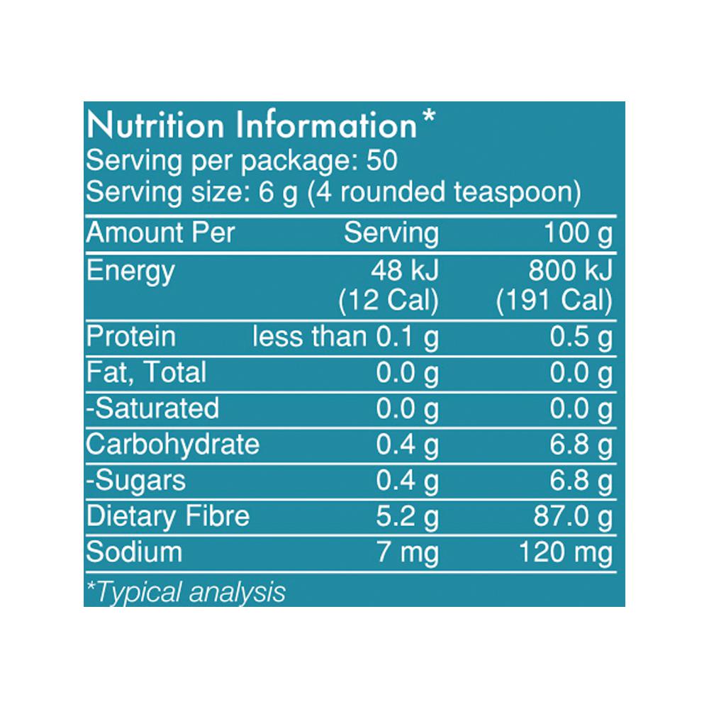 image of Wonder Foods Partially Hydrolysed Guar Gum 300g nutritional information on white background