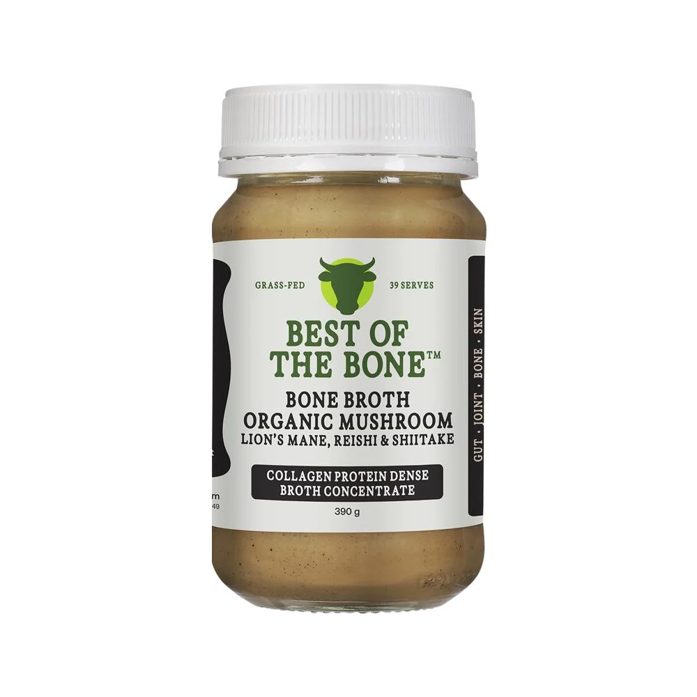 image of Best of the Bone Bone Broth Beef Concentrate Healing Mushrooms Organic Lions Mane Reishi Shiitake 390g on white background