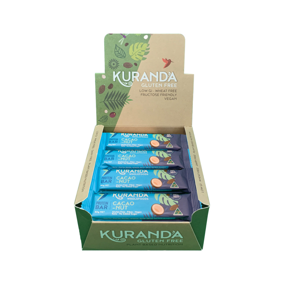 image of Kuranda Wholefoods Gluten Free Protein Bars Cacao Nut 50g x 16 Display on white background 