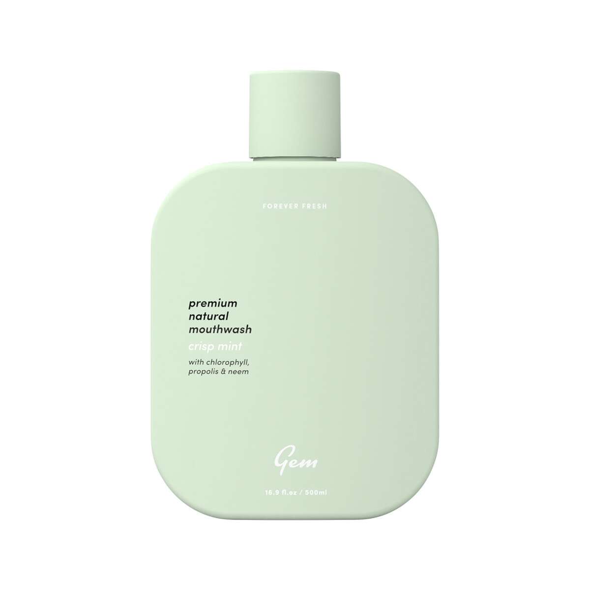 image of Gem Premium Natural Mouthwash Crisp Mint (with Chlorophyll, Propolis & Neem) 500ml on whitebackground