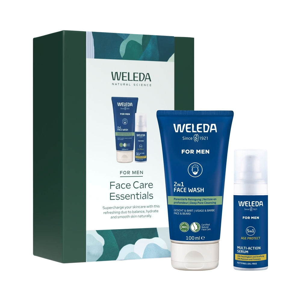 image of weleda for men face care essentials gift pack on white background.