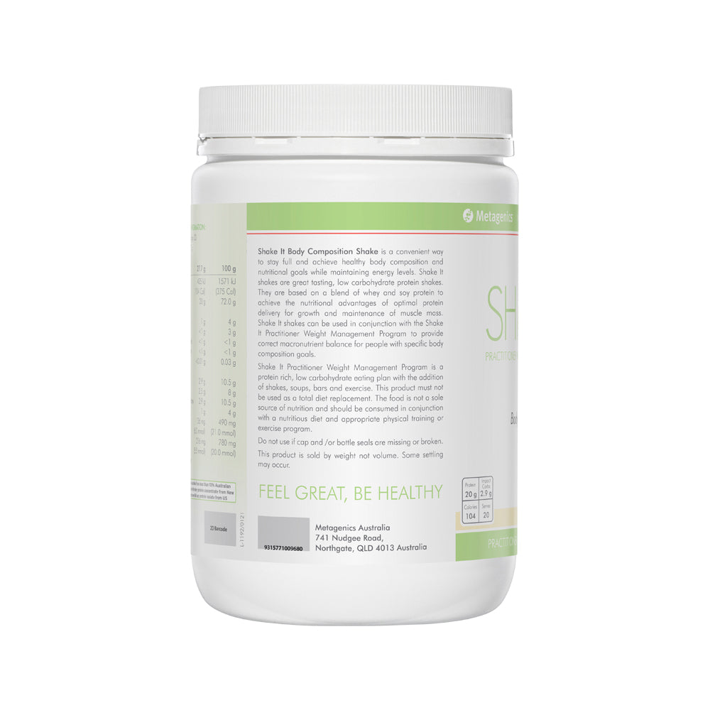 image of Metagenics Shake It Vanilla Oral Powder 554g on white backgrounds