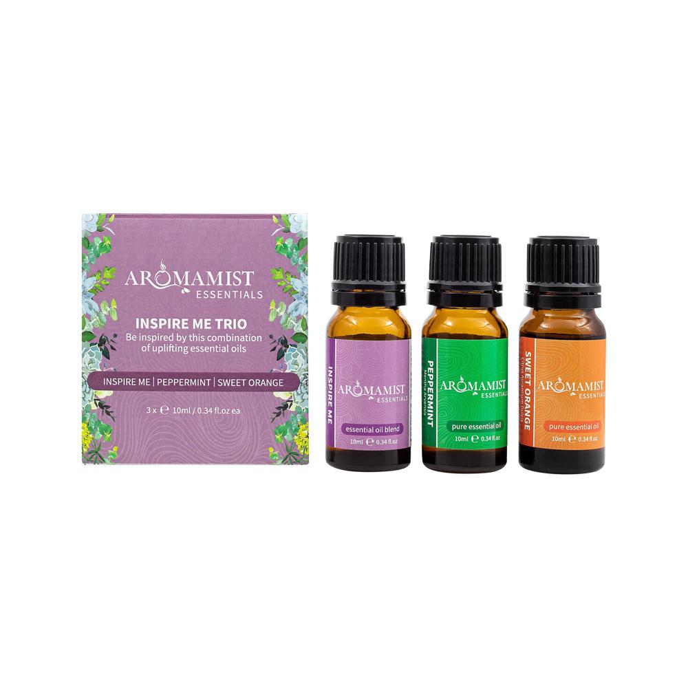Aromamist essential oil set with three bottles and a packaging box on a white background