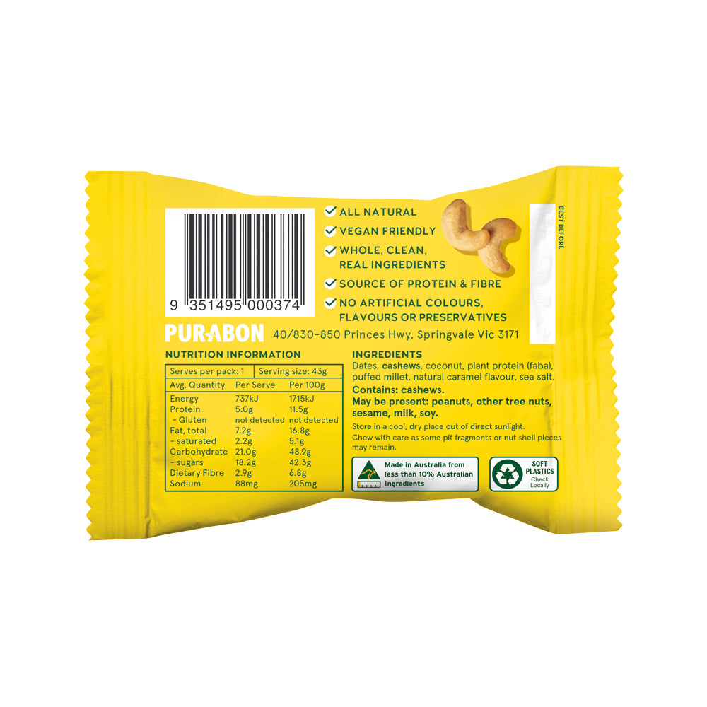 image of Purabon Protein Balls Salted Caramel 43g nutritional information on a white background