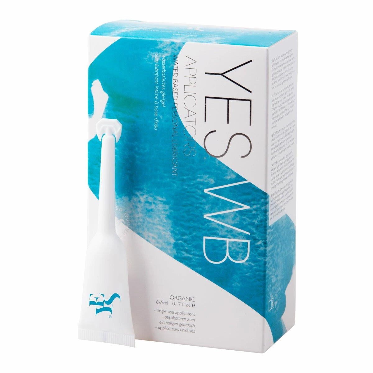 YES WB applicator packaging with blue and white design on a white background