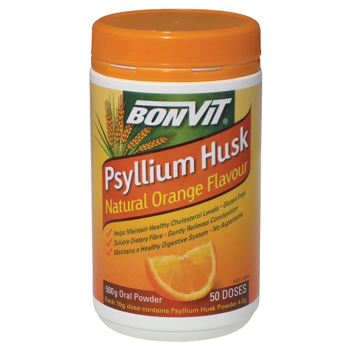 image of Bonvit Psyllium Husk Natural Orange Flavour 500g on white background 