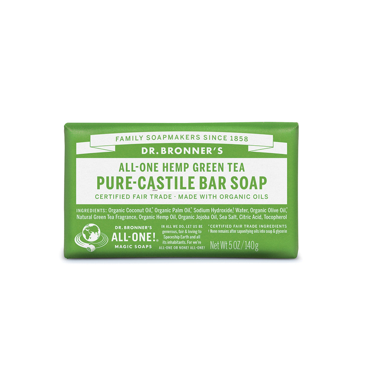 image of Dr. Bronner's Pure-Castile Bar Soap Green Tea 140g on white background 