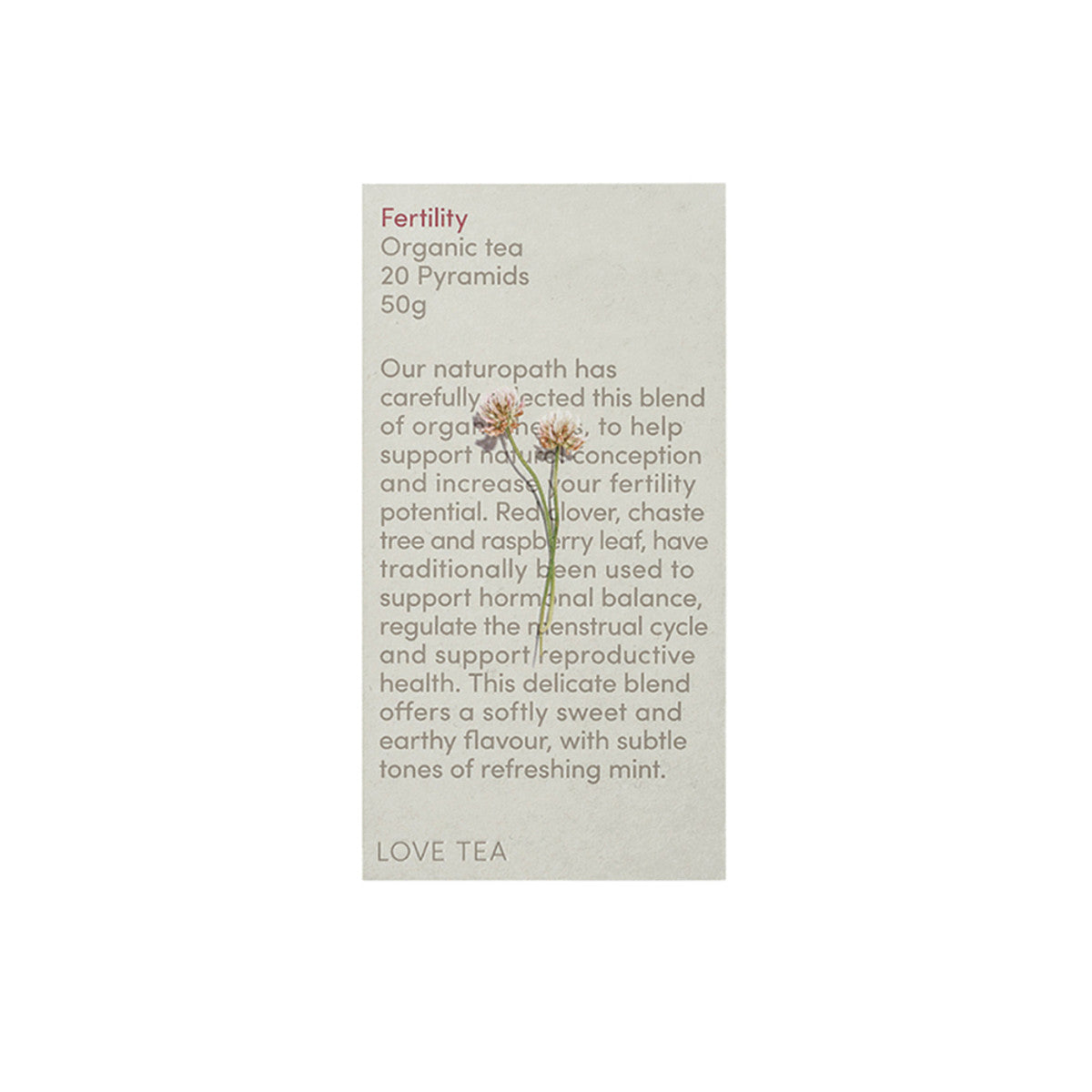 image of Love Tea Organic Fertility Tea 20 pyramid tea bags onwhite background 