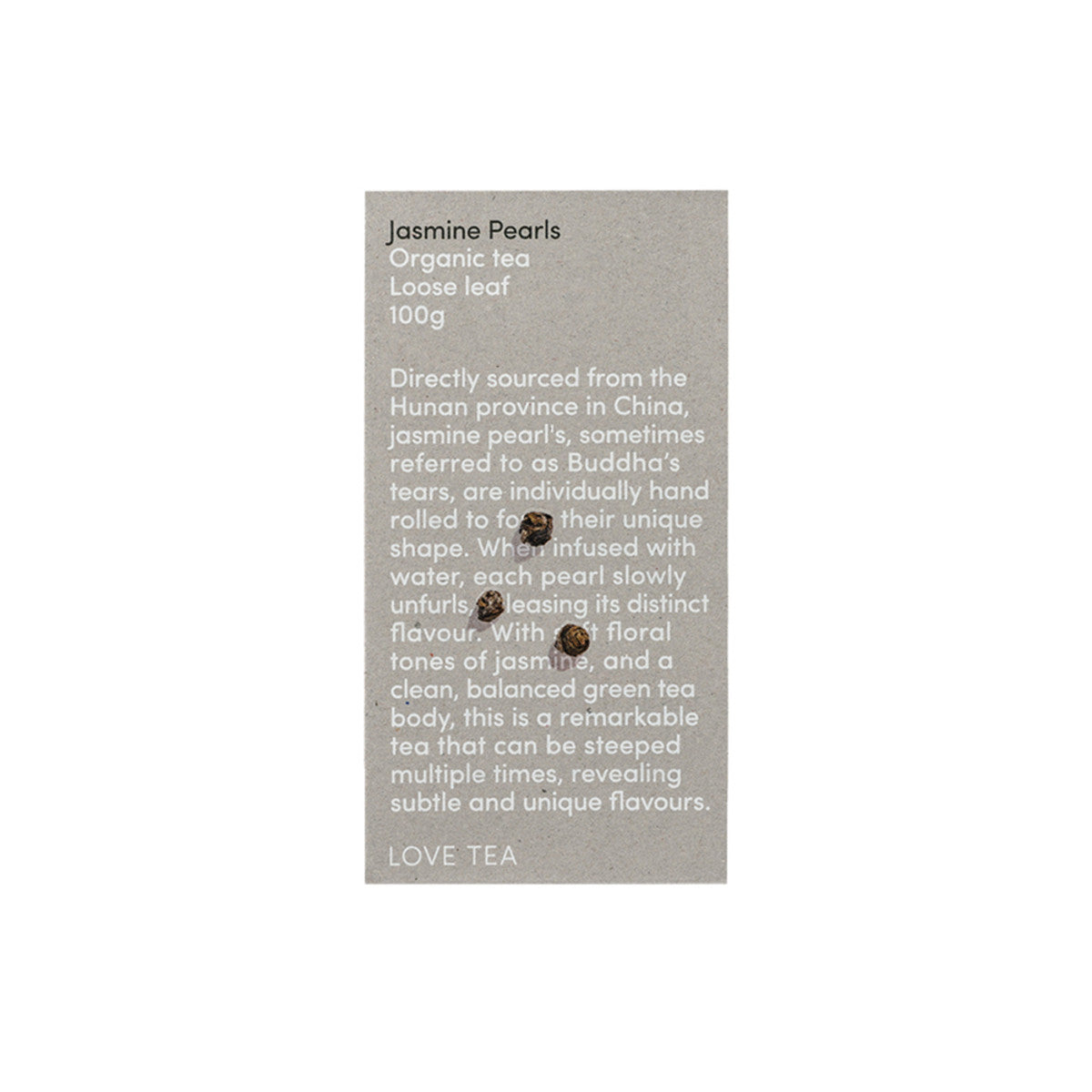 image of Love Tea Organic Jasmine Pearls Tea Loose Leaf 100g on white background 