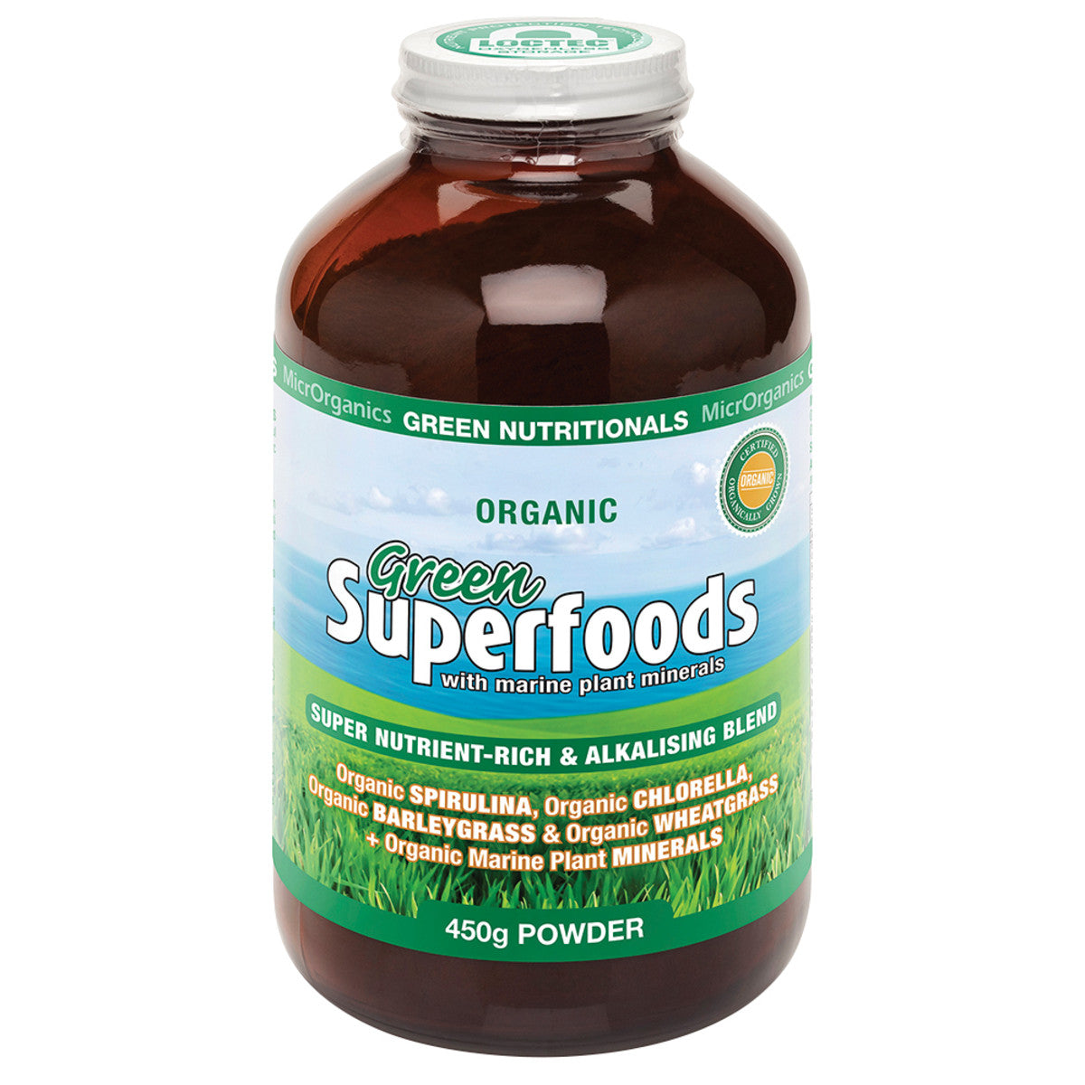 image of MicrOrganics Green Nutritionals Green Superfoods 450g Powder on white background 