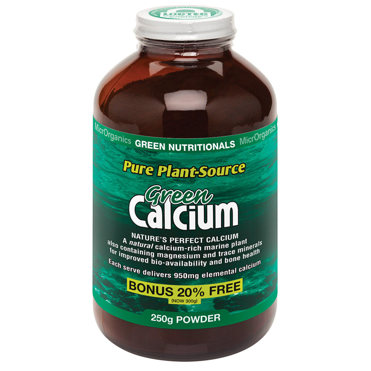 image of MicrOrganics Green Nutritionals Pure Plant-Source Green Calcium 250g Powder on white background