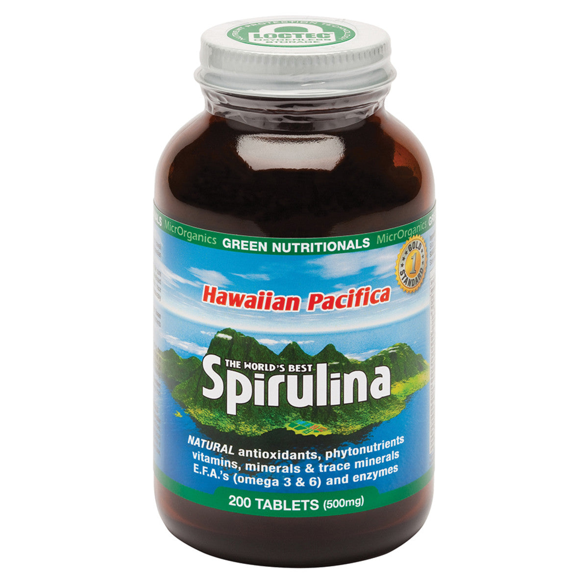 image of MicrOrganics Green Nutritionals Hawaiian Pacifica Spirulina 500mg 200t on white background