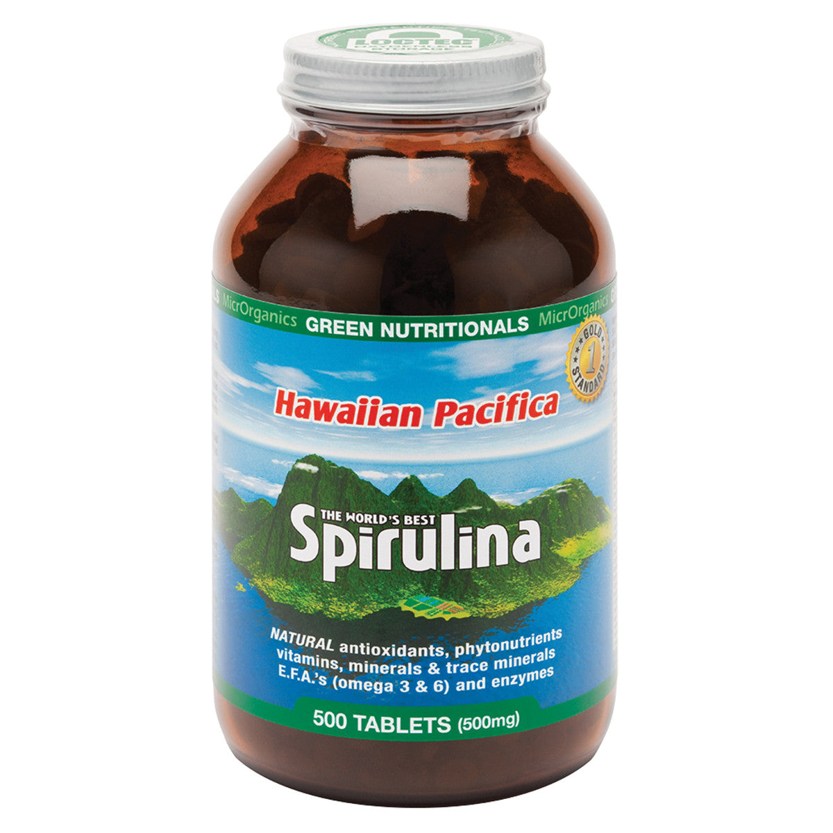 image of MicrOrganics Green Nutritionals Hawaiian Pacifica Spirulina 500mg 500t on white background 