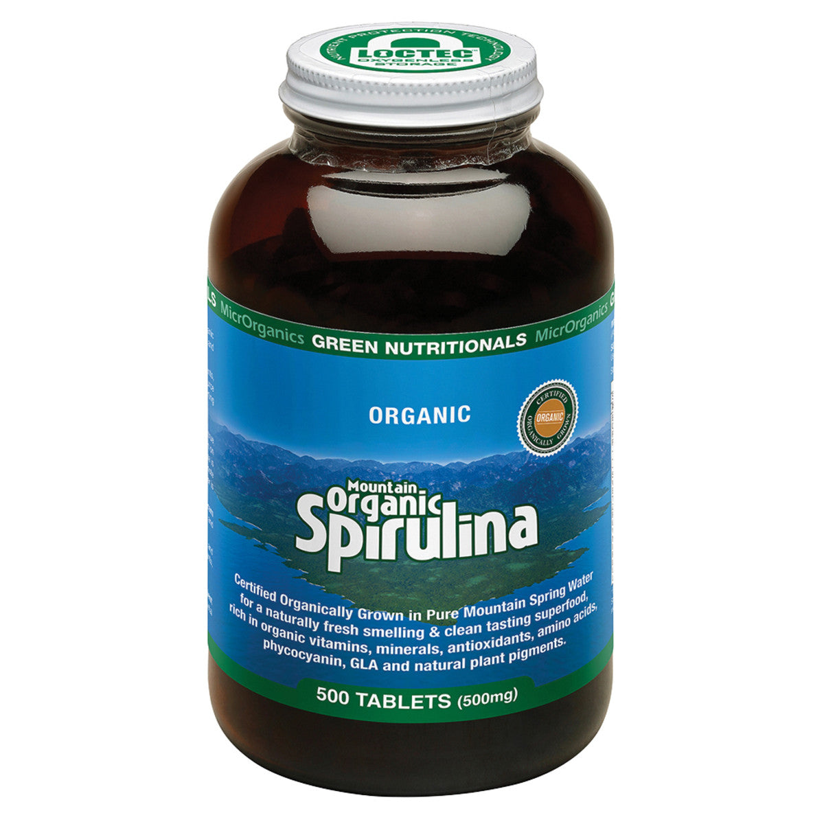 image of MicrOrganics Green Nutritionals Mountain Organic Spirulina 500mg 500t on white background 