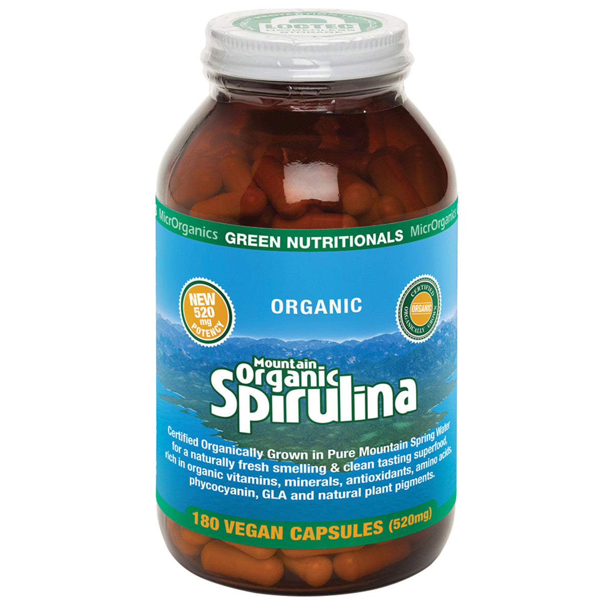 image of MicrOrganics Green Nutritionals Mountain Organic Spirulina 520mg 180vc on white background
