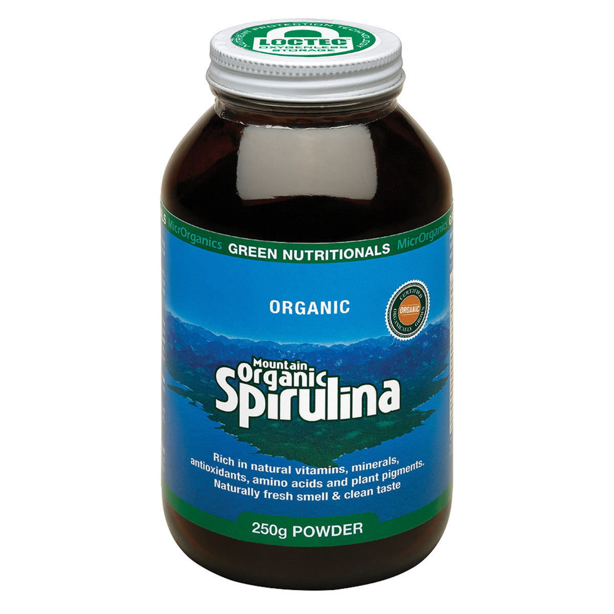 image of MicrOrganics Green Nutritionals Mountain Organic Spirulina 250g Powder on white background