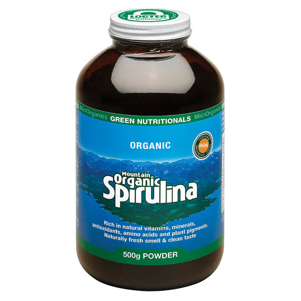 image of MicrOrganics Green Nutritionals Mountain Organic Spirulina 500g Powder on white background