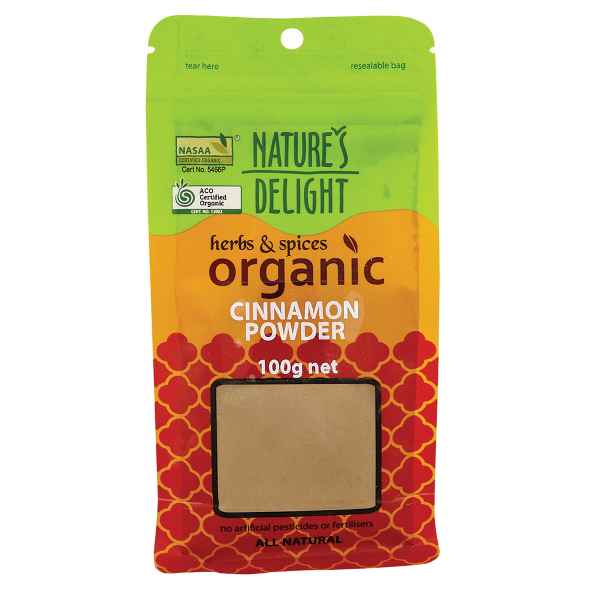 image of Nature's Delight Organic Cinnamon Powder 100g on white background 