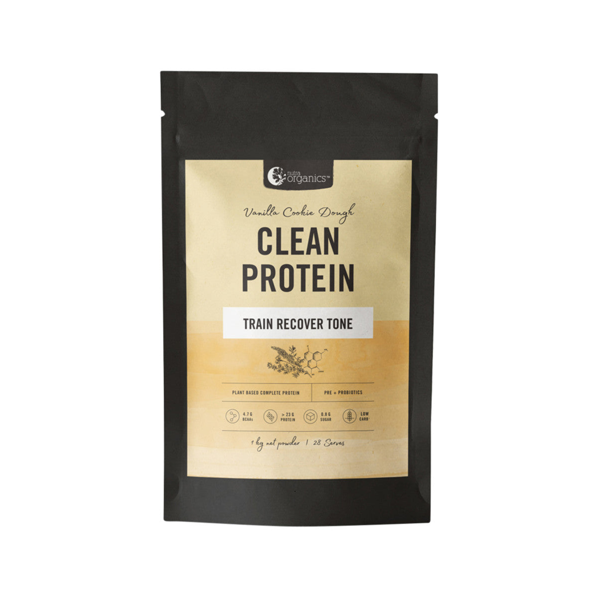 image of Nutra Organics Clean Protein Vanilla Cookie Dough 1kg on white background 