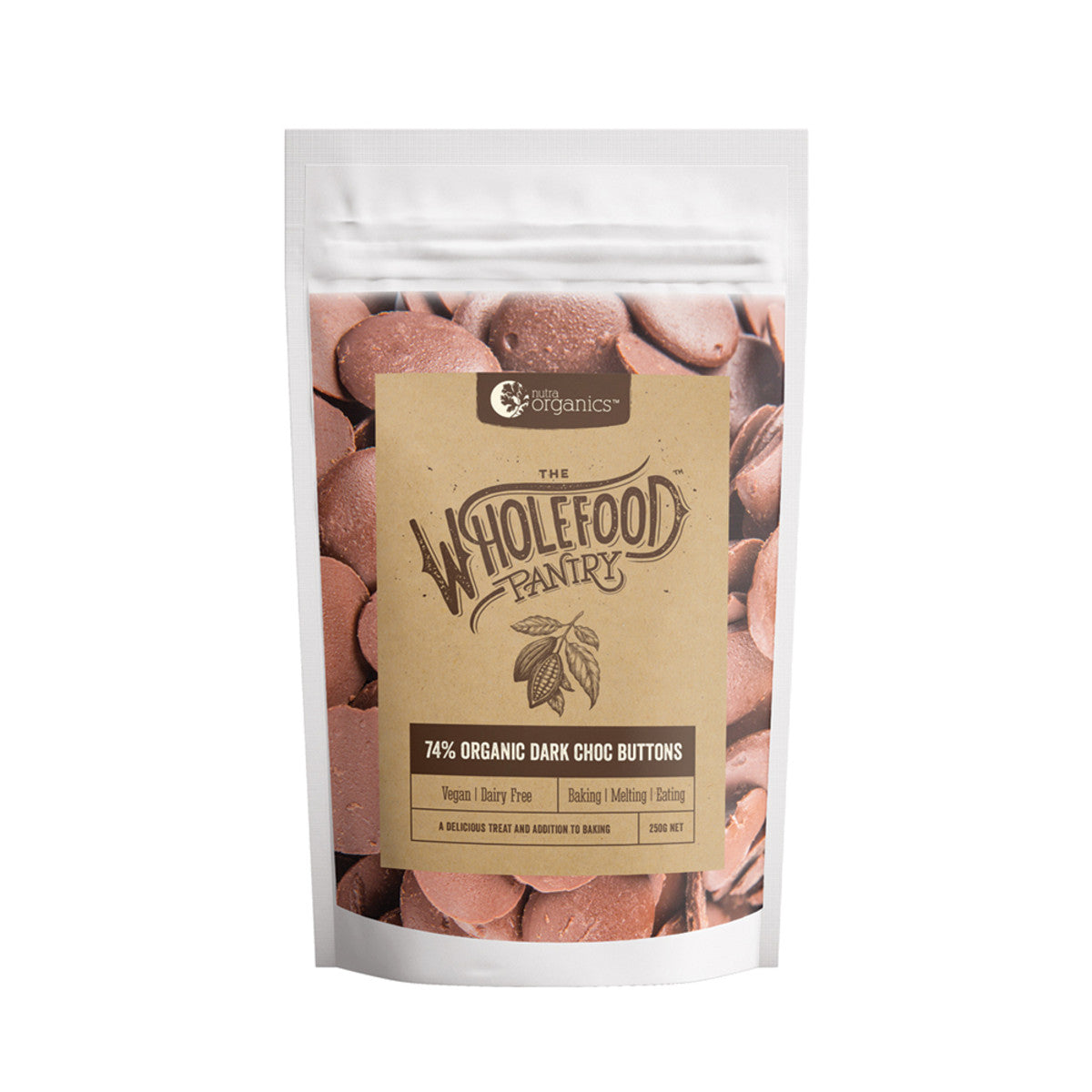 image of Nutra Organics Wholefood Pantry 74% Organic Dark Chocolate Buttons 250g on white background 