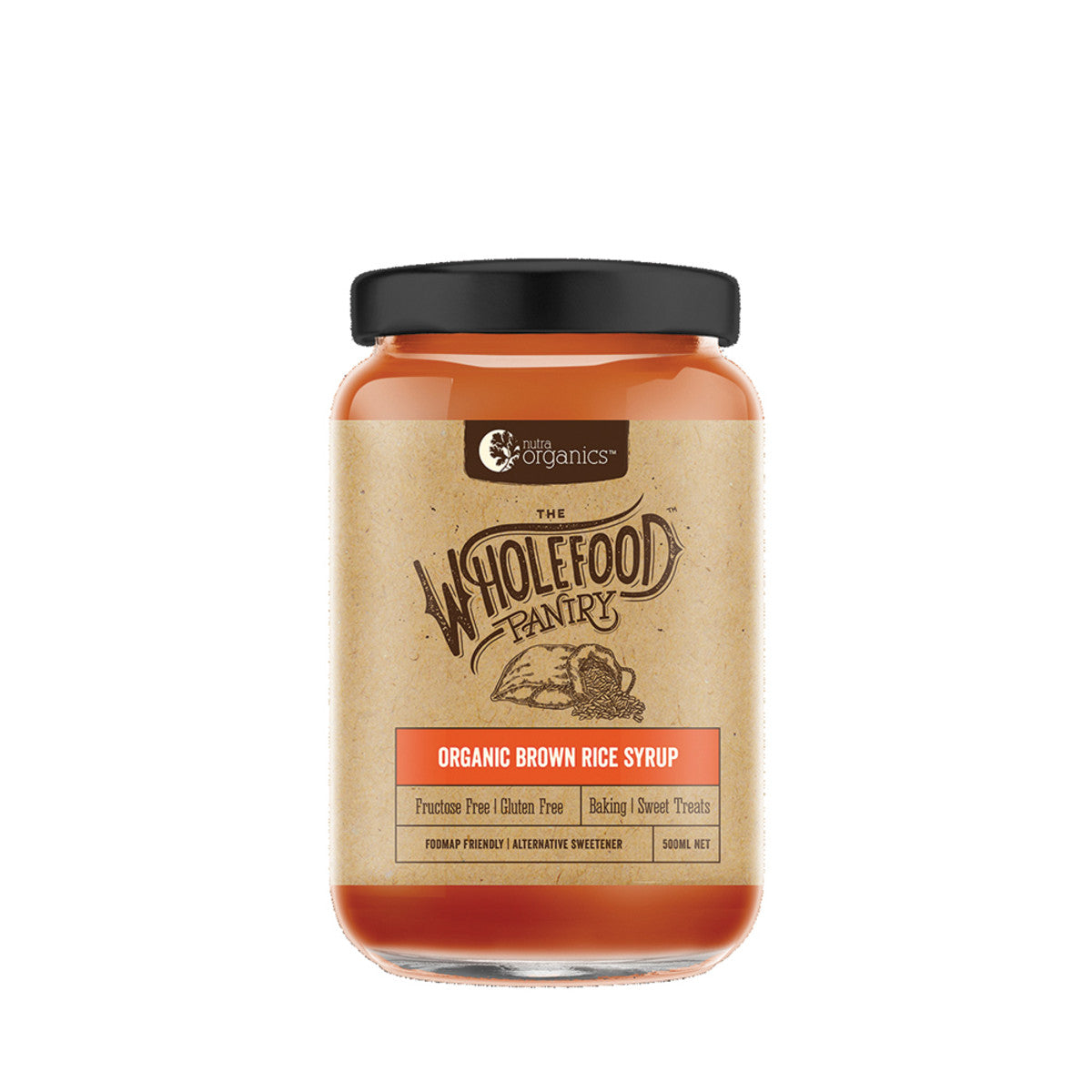 image of Nutra Organics Wholefood Pantry Organic Brown Rice Syrup 500ml on white background 
