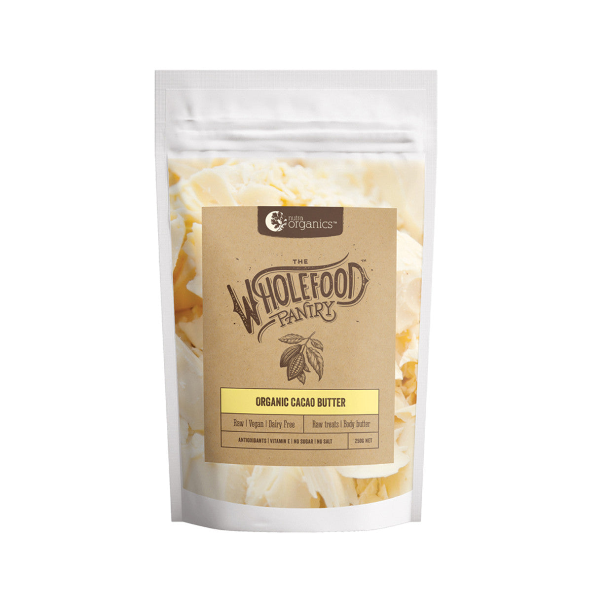image of Nutra Organics Wholefood Pantry Organic Cacao Butter 250g on white background 