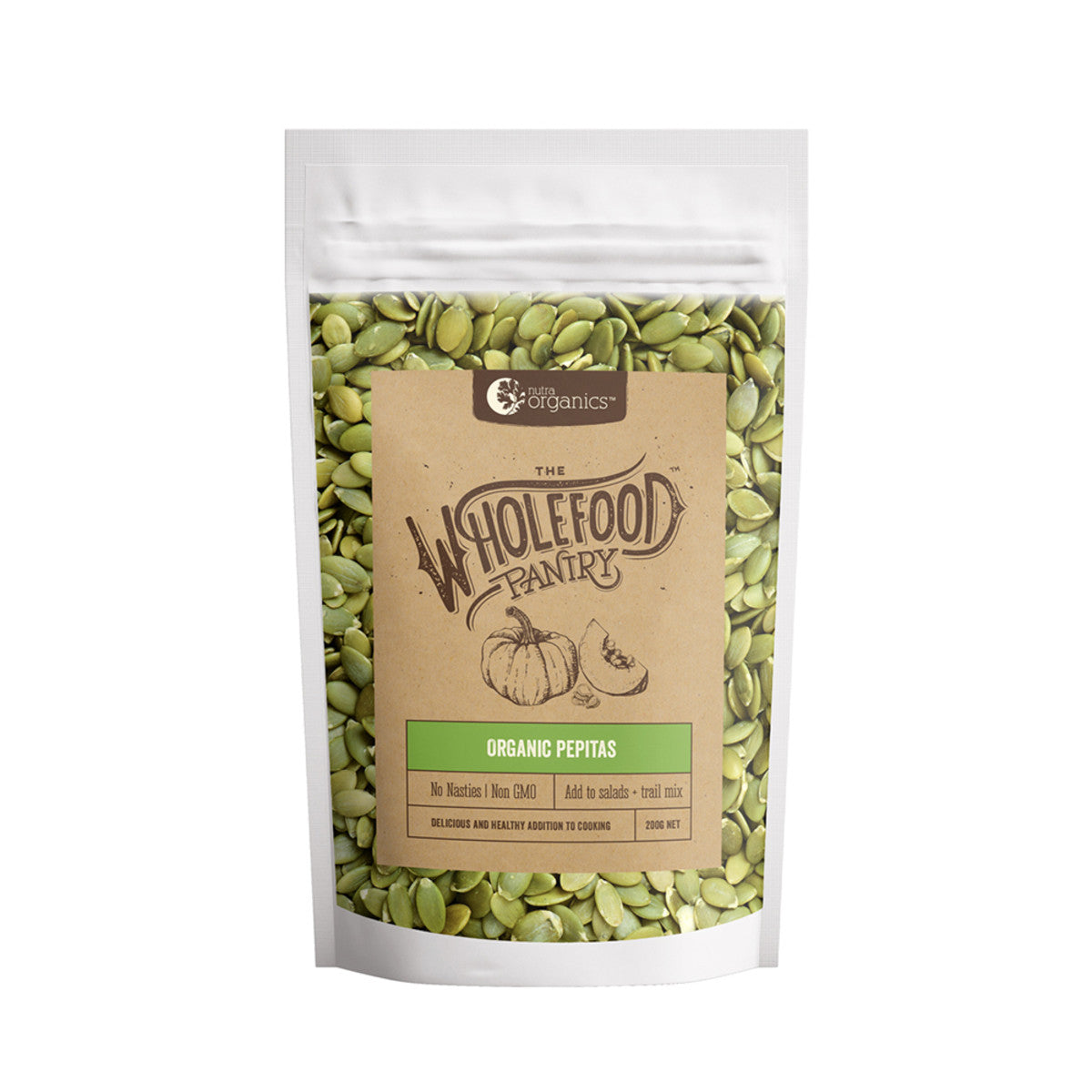 image of Nutra Organics Wholefood Pantry Organic Pepitas 200g on white background 