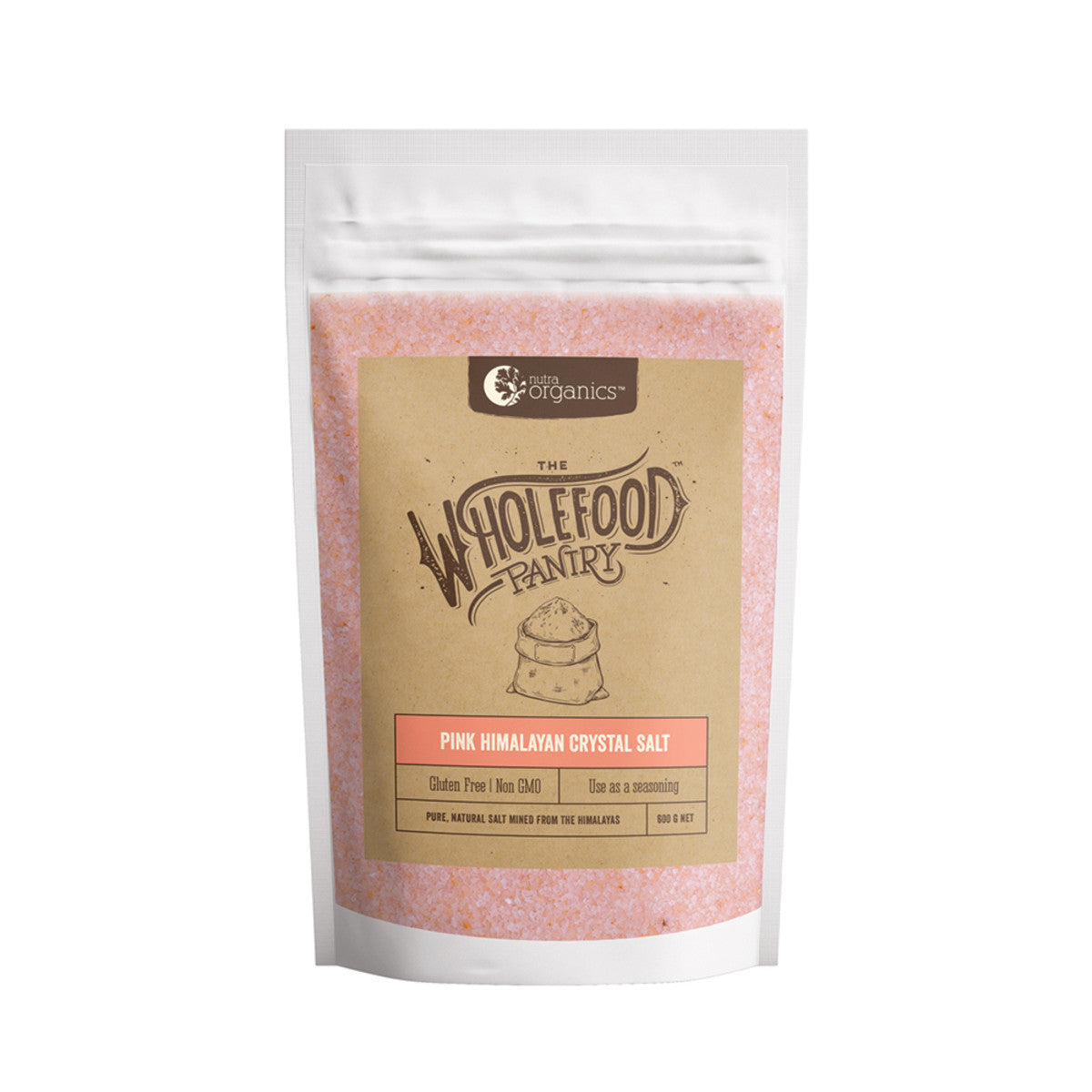 image of Nutra Organics Wholefood Pantry Pink Himalayan Crystal Salt Fine 600g on white background 