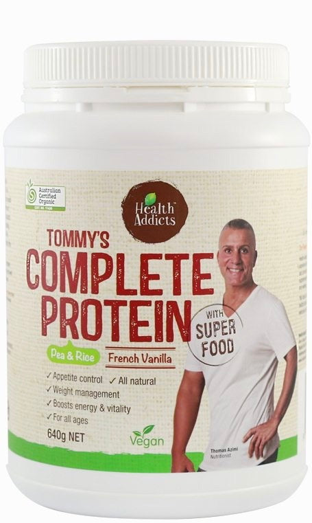 image of Health Addicts Tommy's Complete Protein French Vanilla 640g on white background 