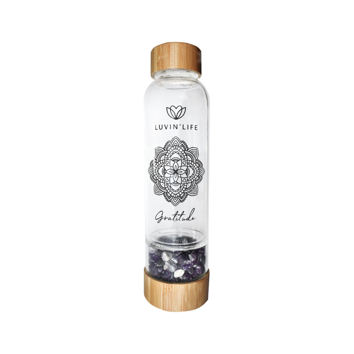 image of Luvin' Life Water Bottle Amethyst Crystals & Bamboo 'Gratitude' (Includes Sleeve) 550ml on white background 