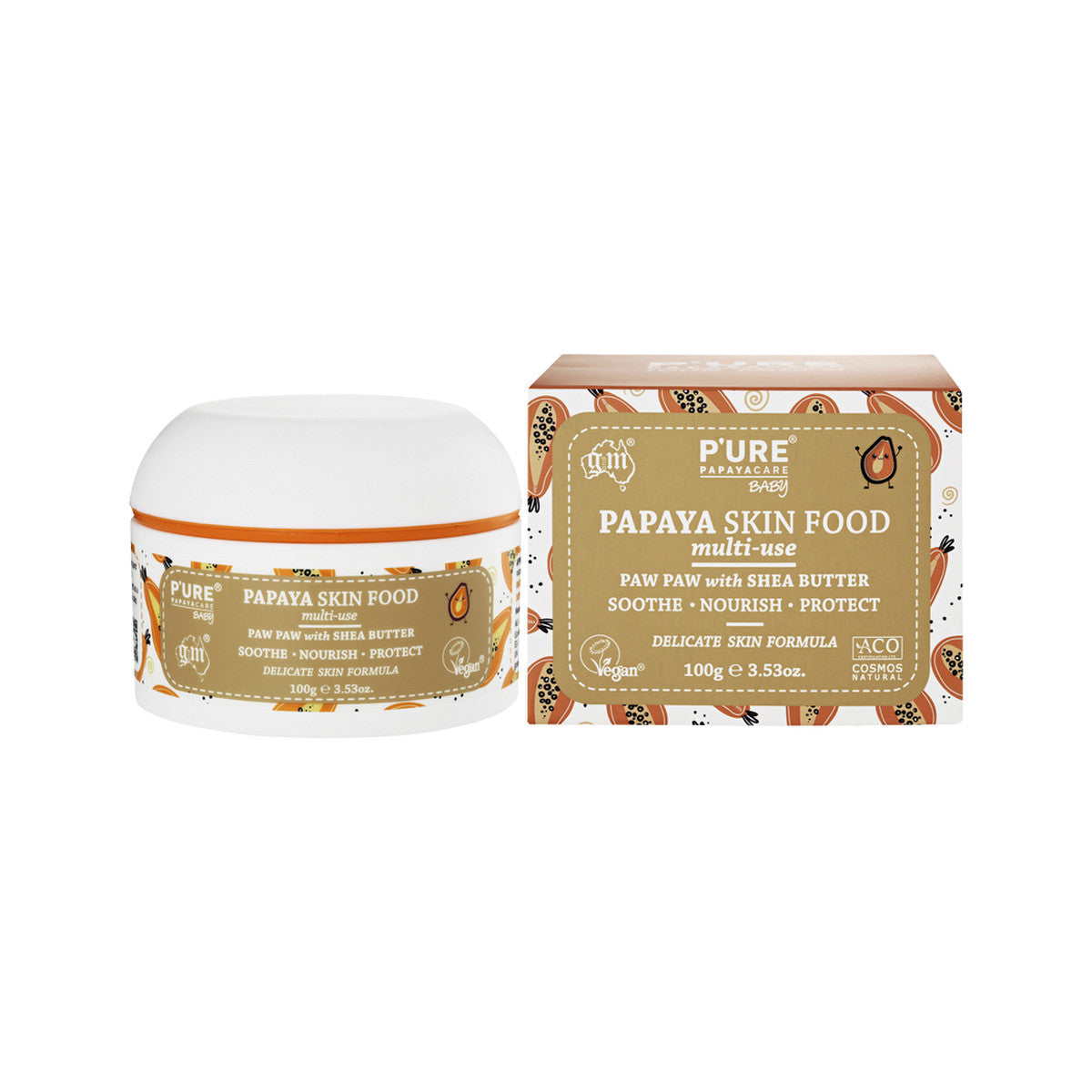 image of P'URE Papayacare Baby Papaya Skin Food Multi-Use (Paw Paw with Shea Butter) 100g on white background 