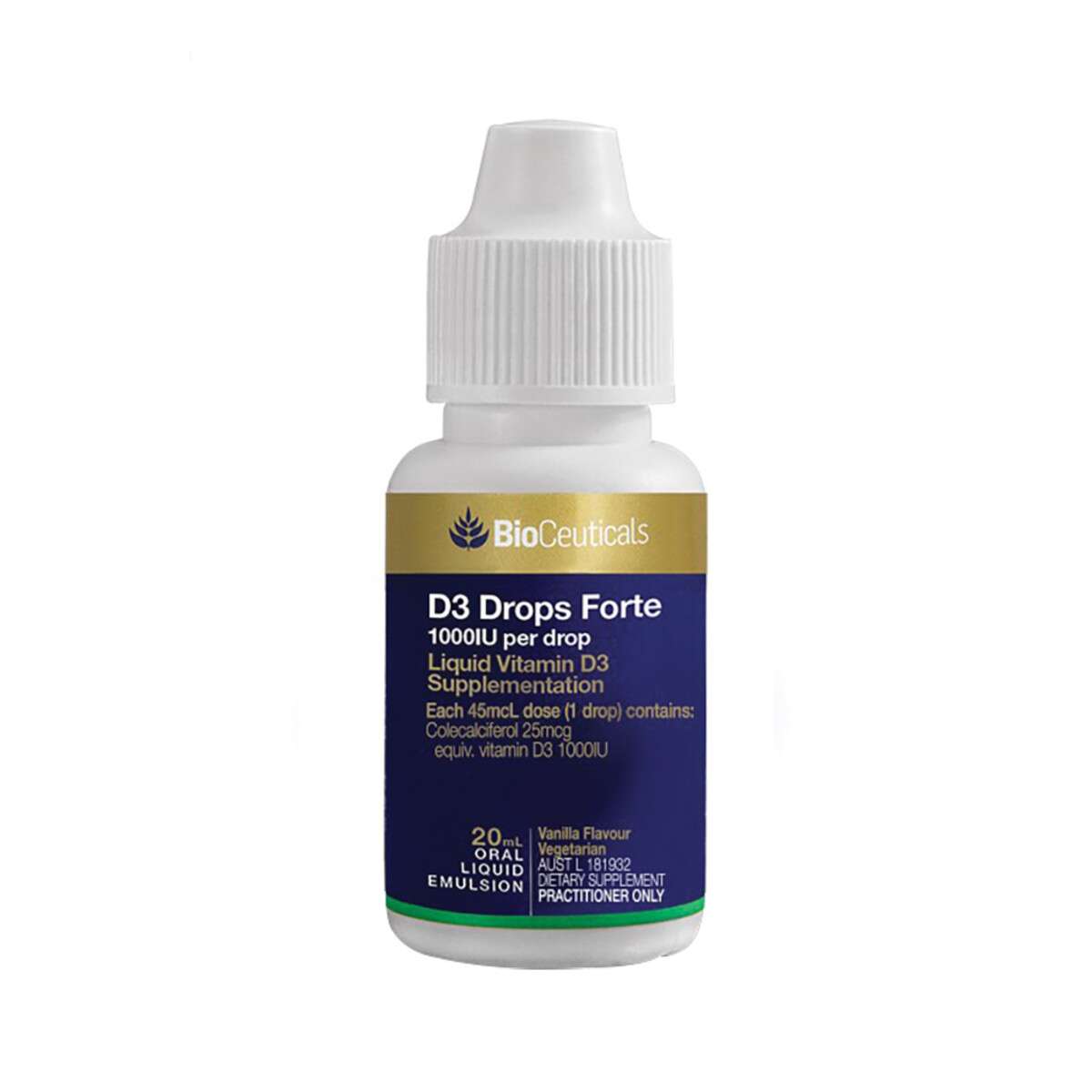image of BioCeuticals D3 Drops Forte 1000IU per drop 20ml on white background 