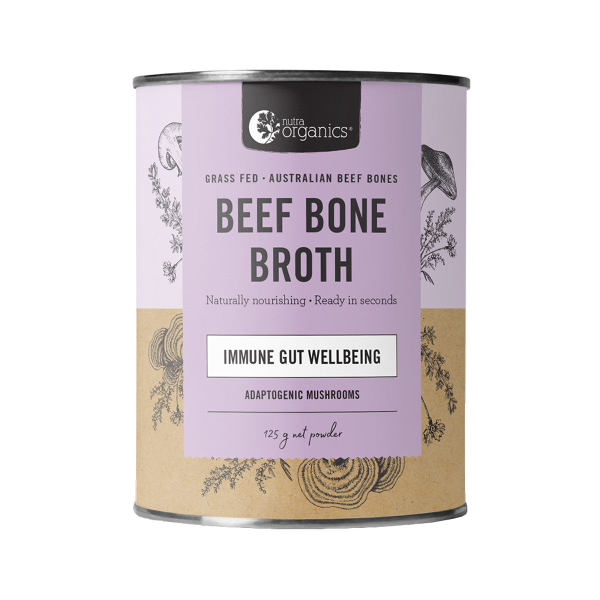 image of Nutra Organics Bone Broth Beef Adaptogenic Mushrooms 125g on white background 