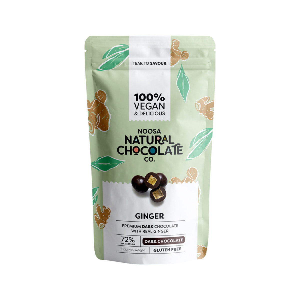 image of Noosa Natural Chocolate Co. Dark Chocolate Ginger 100g on white background