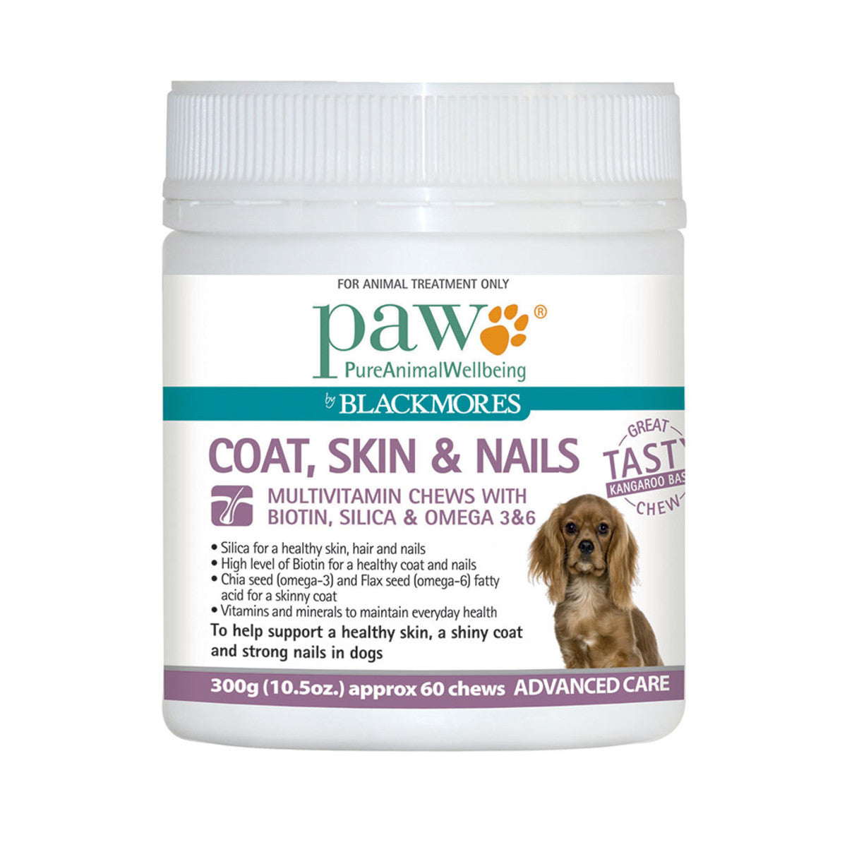image of PAW By Blackmores Coat, Skin & Nails (Multivitamin Chews, approx 60) 300g on white background 