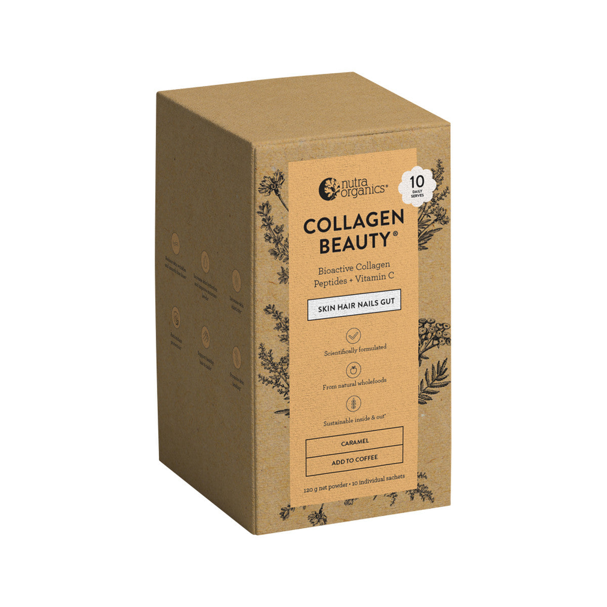 image of Nutra Organics Collagen Beauty (For Coffee) with Bioactive Collagen Peptides + Vitamin C Caramel Sachets 12g x 10 Pack on white background