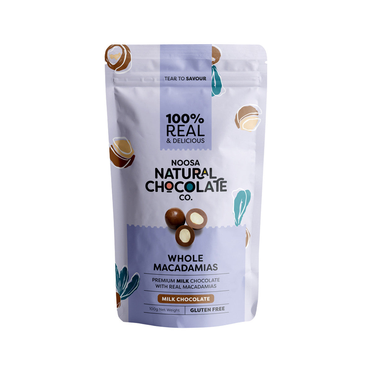 image of Noosa Natural Chocolate Co. Milk Chocolate Whole Macadamias 100g on white background