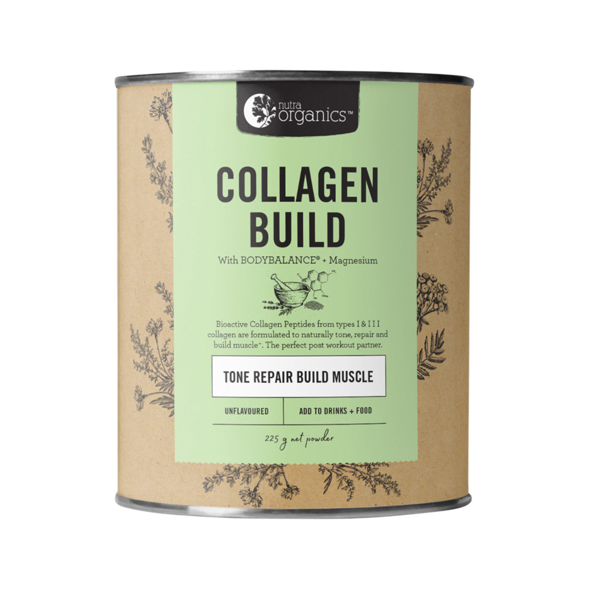 image of Nutra Organics Collagen Build with BodyBalance (Tone Repair Build Muscle) Unflavoured 225g Powder on white background 