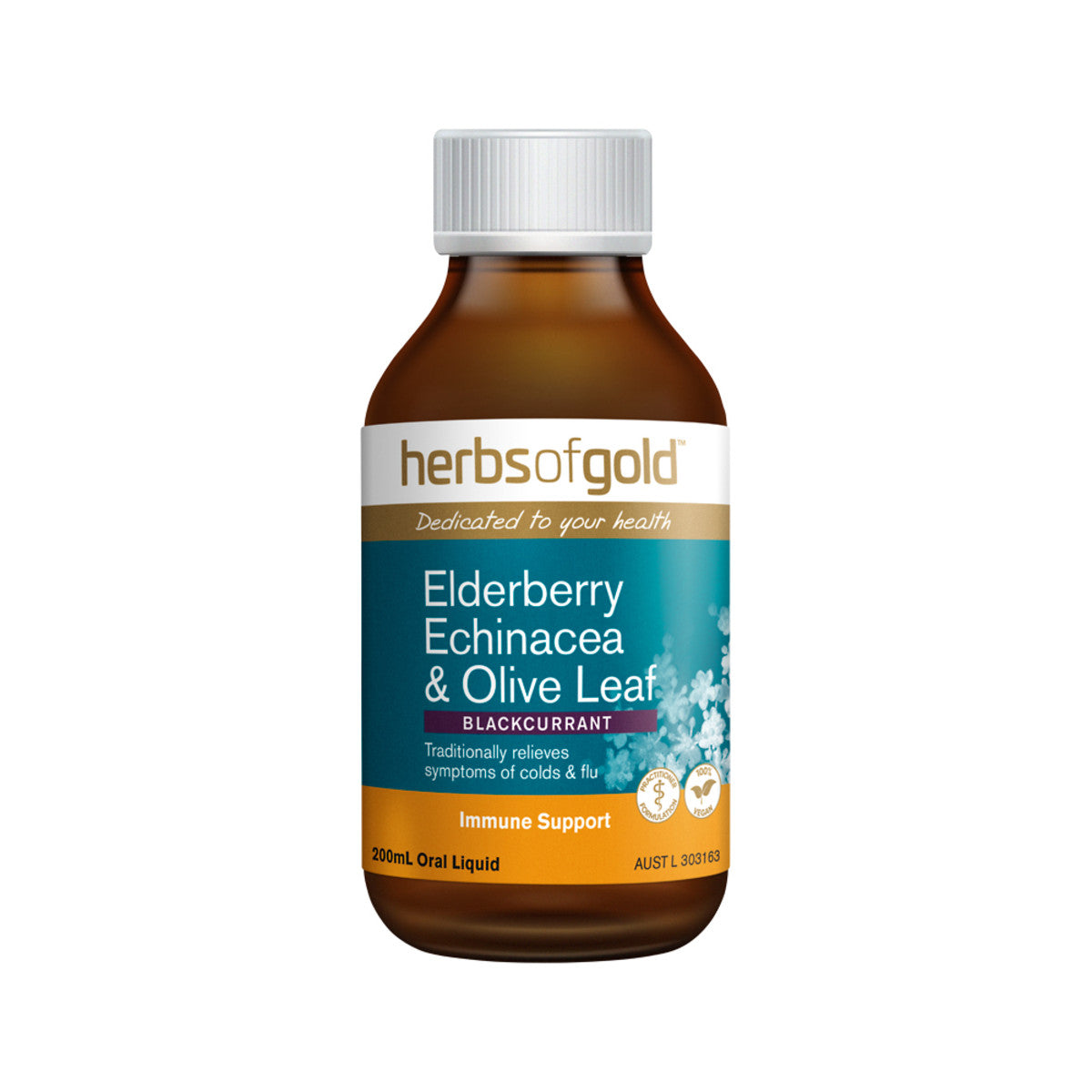 image of Herbs of Gold Elderberry Echinacea and Olive Leaf 200ml on white background