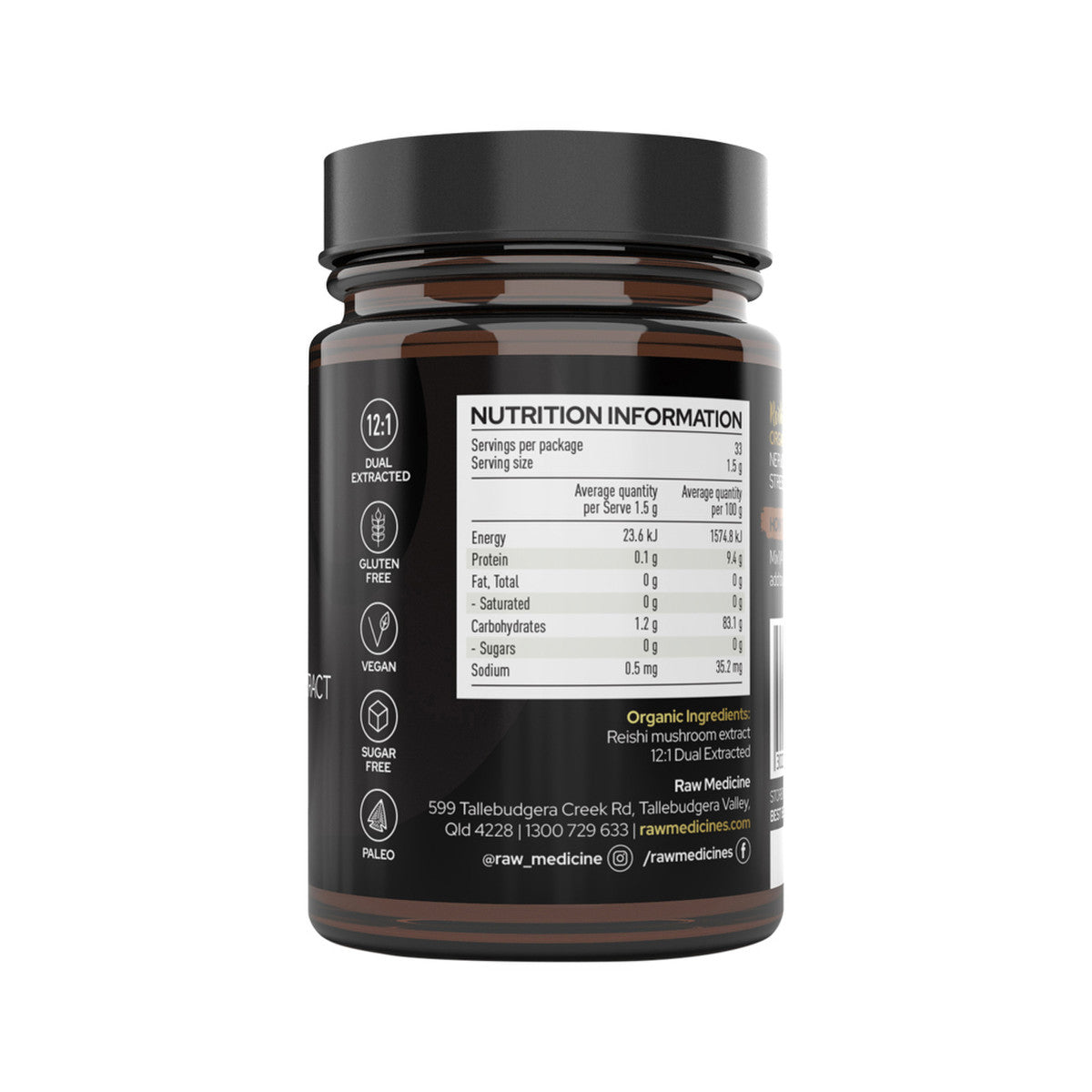 image of Raw Medicine Organic Mushroom Extract Reishi 50g on white background
