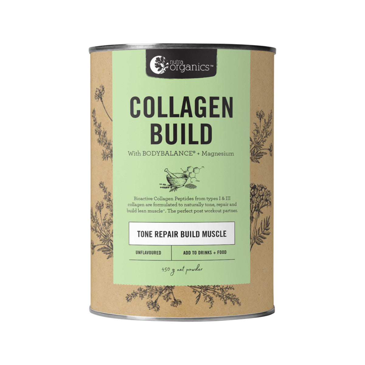 image of Nutra Organics Collagen Build with BodyBalance (Tone Repair Build Muscle) Unflavoured 450g Powder on white background 