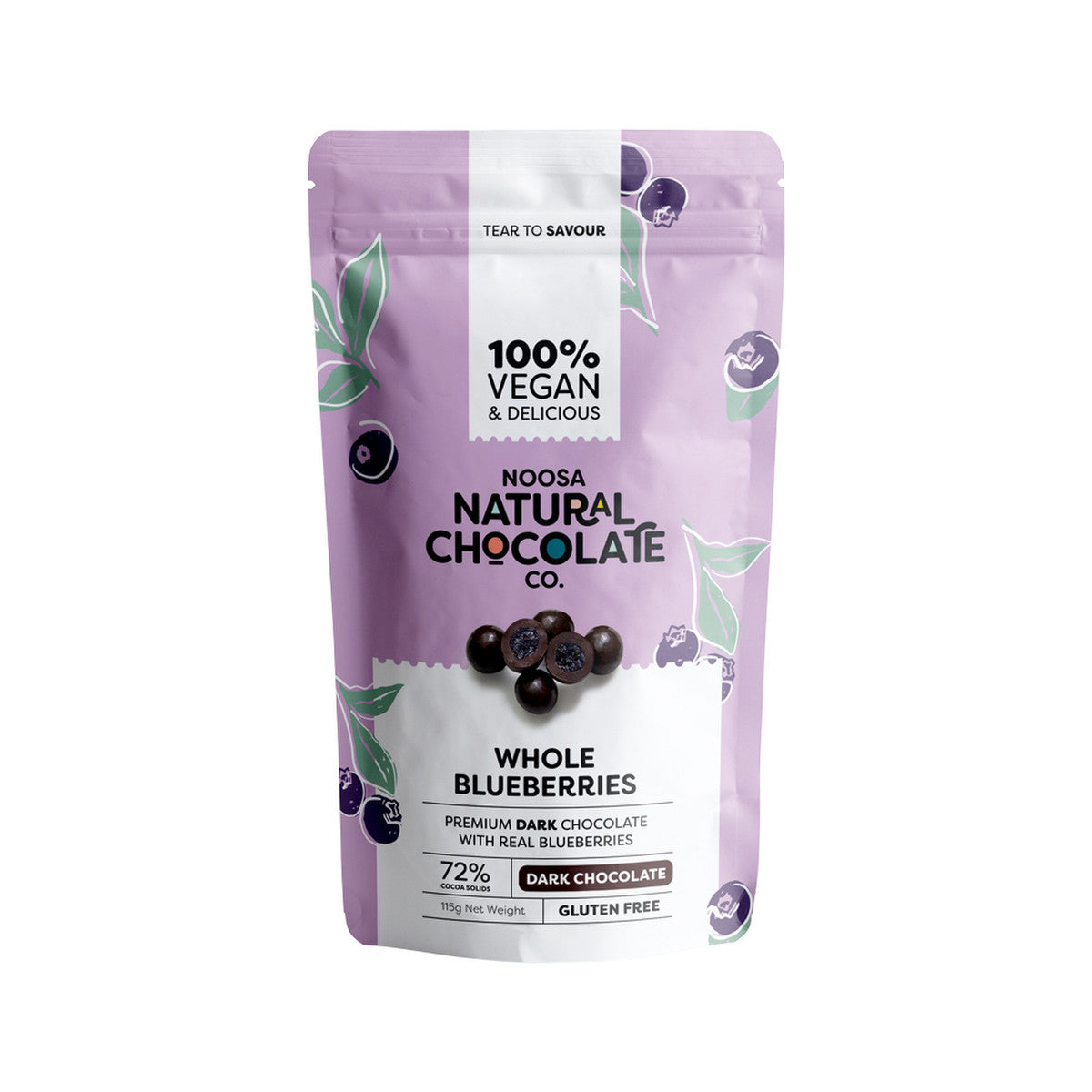 image of Noosa Natural Chocolate Co. Dark Chocolate Whole Blueberries 115g on white background