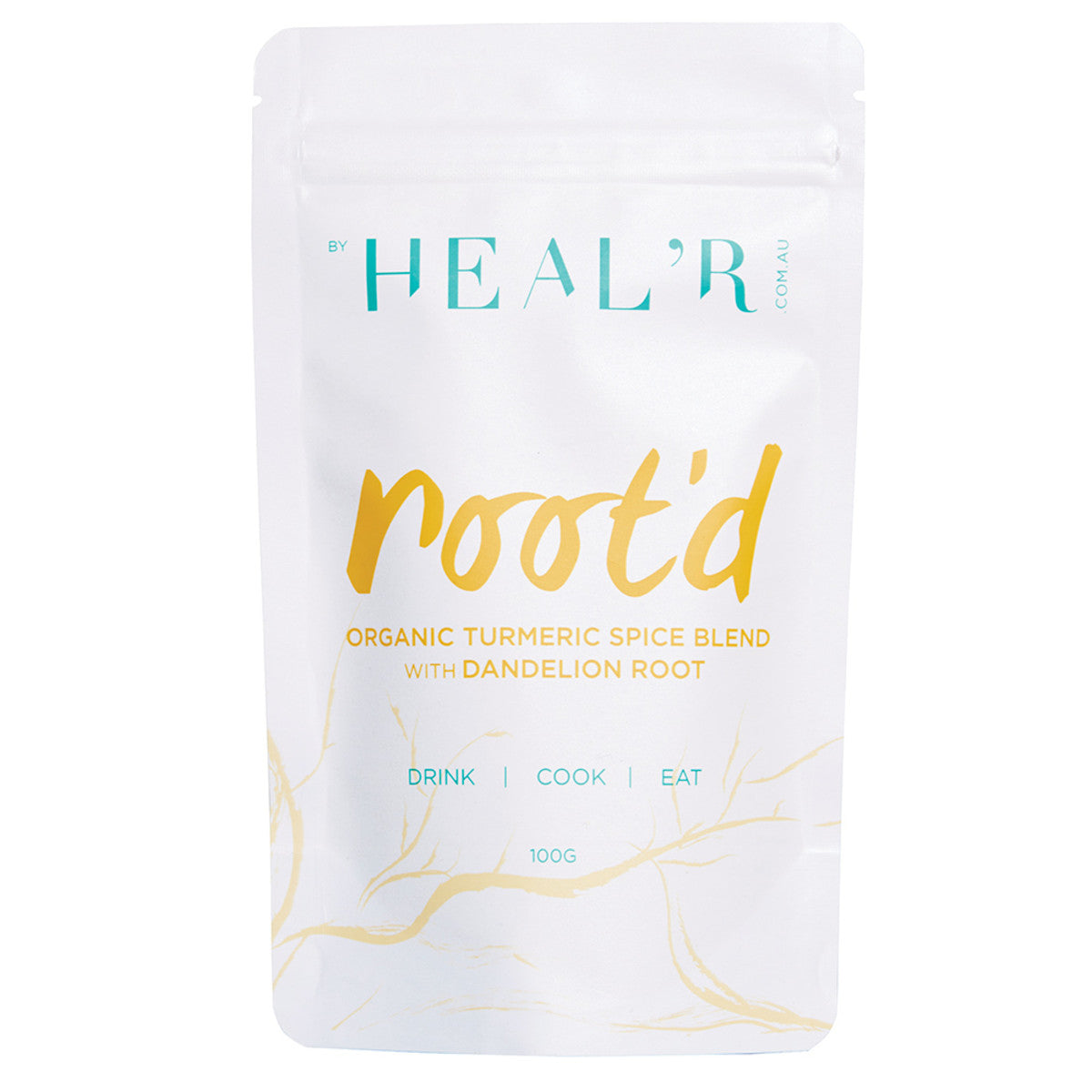 image of Heal'r Root'd (Organic Turmeric Spice Blend with Dandelion Root) 100g on white background 