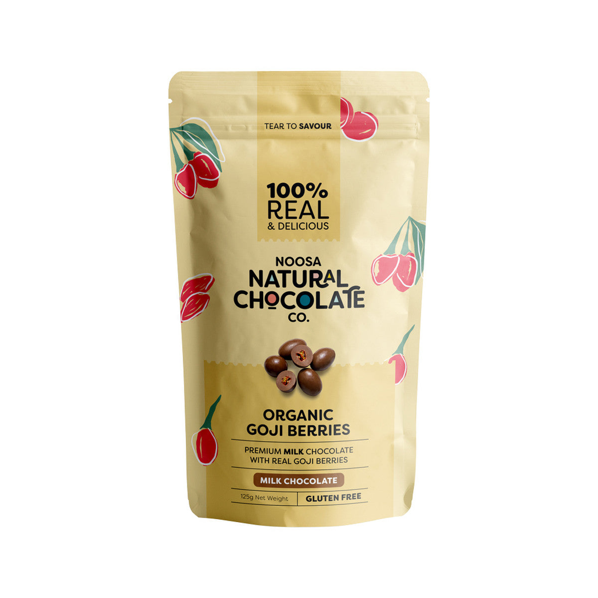 image of Noosa Natural Chocolate Co. Milk Chocolate Organic Goji Berries 125g on white background