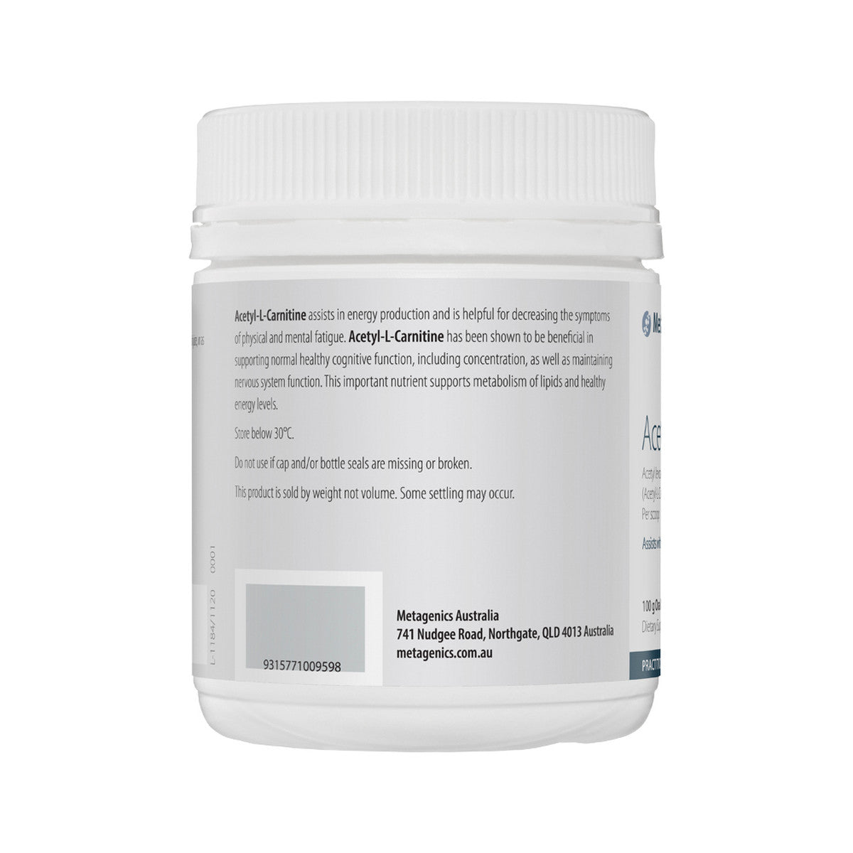 image of Metagenics Acetyl-L-Carnitine Oral Powder 100g on white background